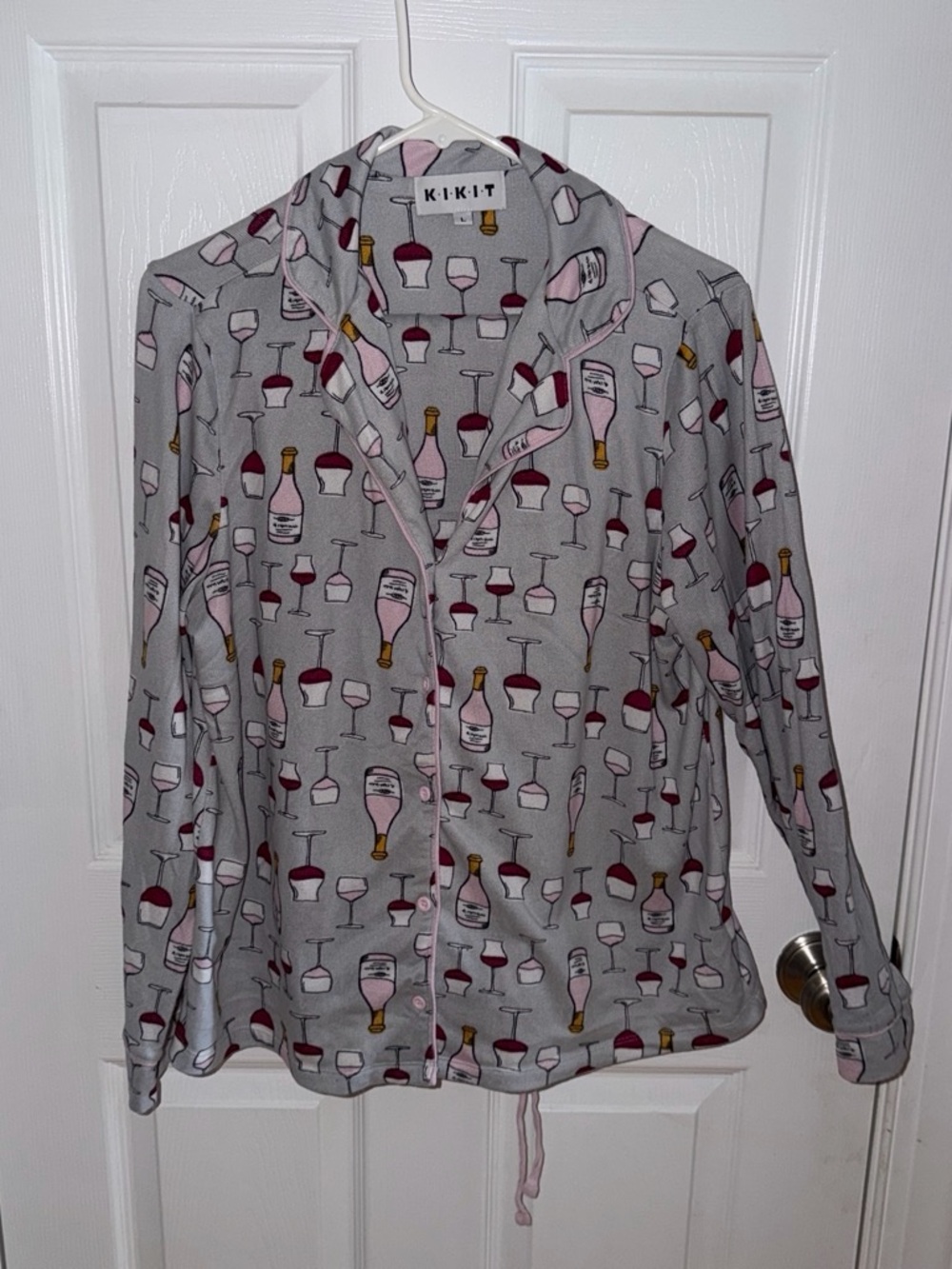 KIKIT Gray Wine-Print Button-Front Pajama Set
